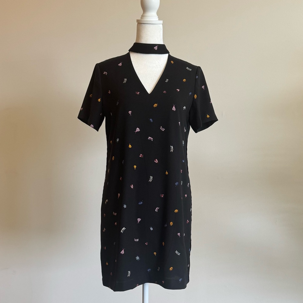 Black Mini Shift Dress w Colorful Bug and Butterfly Accents - Size XS